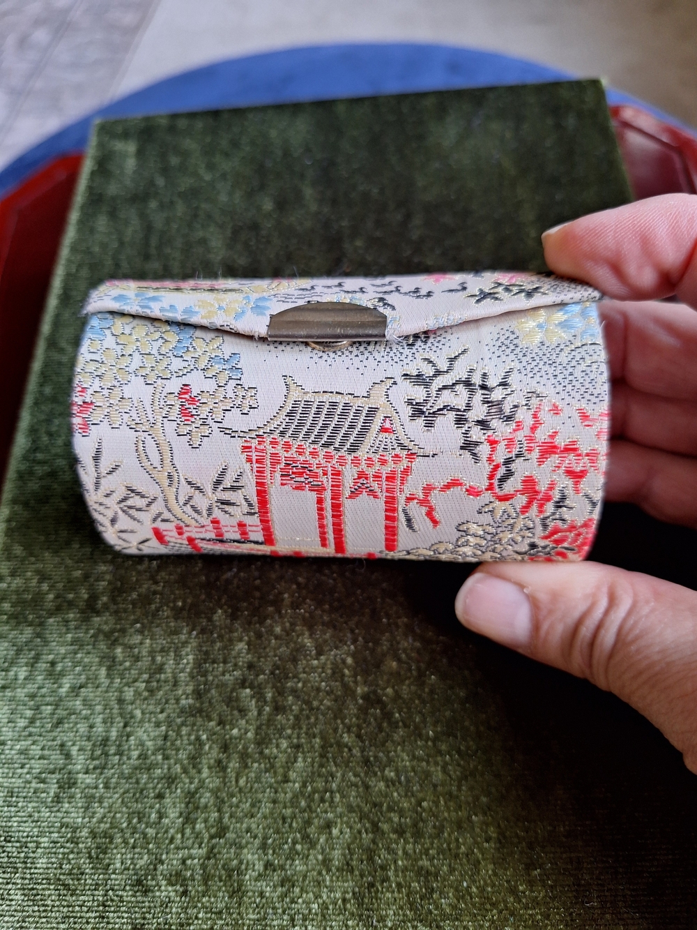 Silk Fabric Vintage Mini Lipstick Case - Ivory with Red Floral Motif